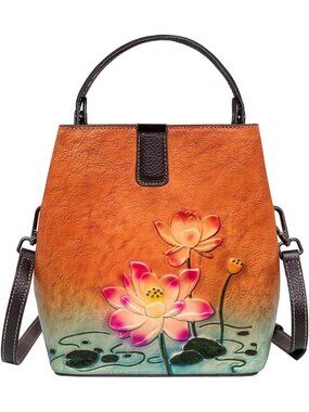Brown Vintage Genuine Leather Handbag – Hand-Embossed Floral Purse with Strap